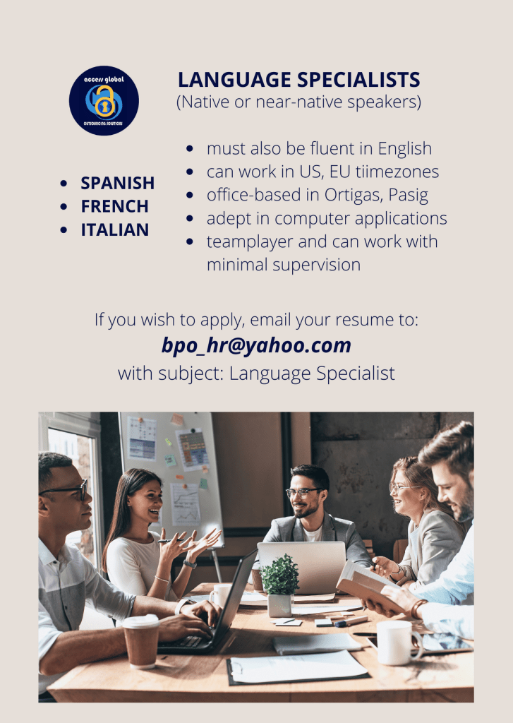 hiring, job vacancy, bilingual call center agent, spanish call center agent, french call center agent, italian call center agent, language specialist